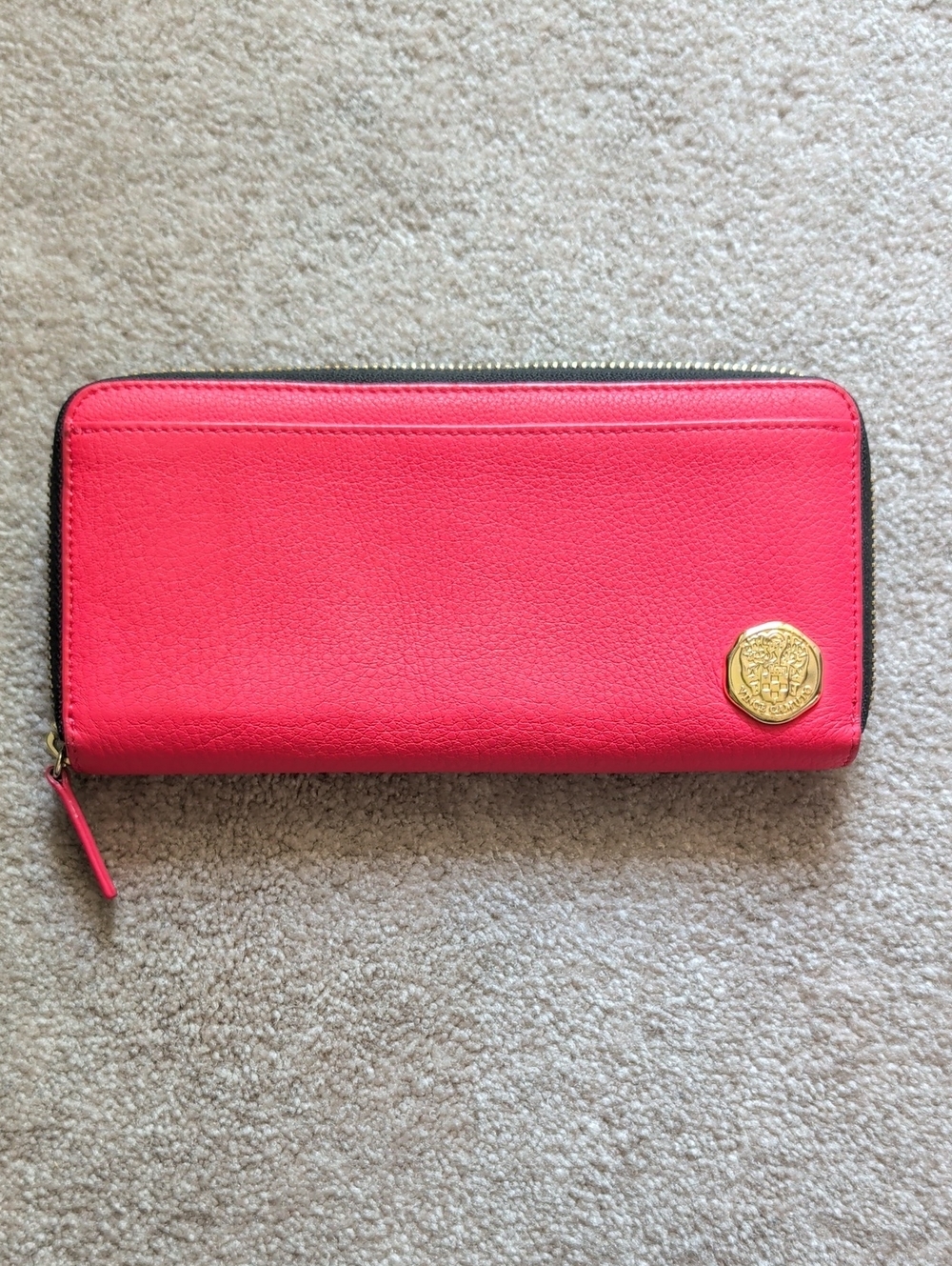Vince Camuto Hot Pink Zip-Around Leather Wallet with Gold Medallion